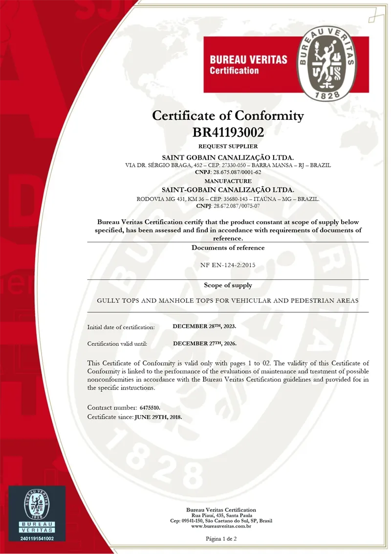Portada del documento: Certificado de conformidad NF EN 124-2:2015