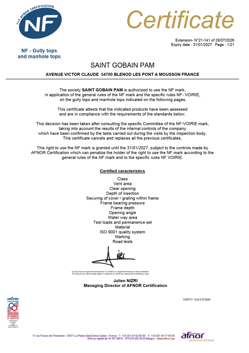 Portada del documento: Certificado NF de tapas y rejillas
