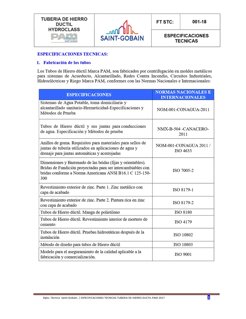Portada del documento: Tubería y accesorios de hierro dúctil PAM Saint-Gobain
