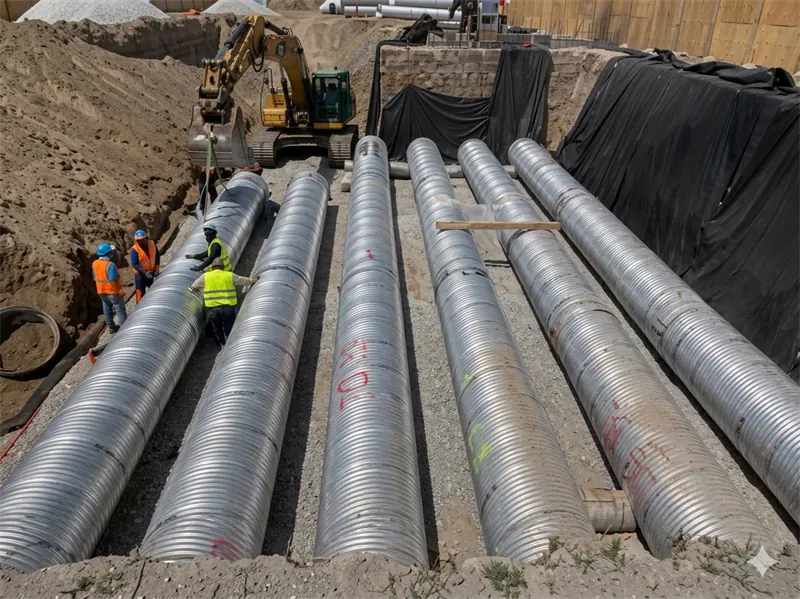 Sistema de retención pluvial HULKO de tubería de acero galvanizado corrugado