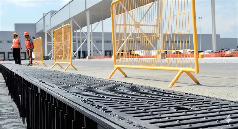 Rejillas pluviales instaladas en una vialidad industrial